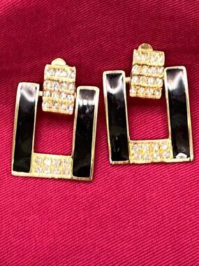 VTG Art Deco Style Gold Metal & Black Enamel Clip Earrings Crystal Accents